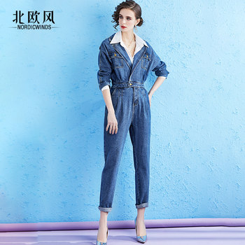 Design sense casual jumpsuit 2022 early spring new style slimming big V lapel long-sleeved jumpsuit denim trousers women's tide