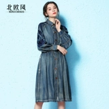 Скандинавский джинсовый плащ, платье, лонгслив, длинная длинная юбка, скандинавский стиль, 2020 года, осенний, с вышивкой, в цветочек, средней длины