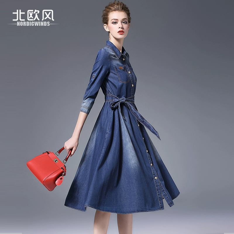 Váy denim của phụ nữ 2021 mùa xuân và mùa xuân mới eo ba phần tư tay áo sơ mi ve áo váy chữ A xoay lớn - A-Line Váy
