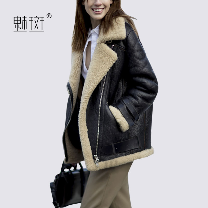 charming lamb wool with leather jacket short fleece thickening autumn winter women's new trendy pu leather casual jacket coat
