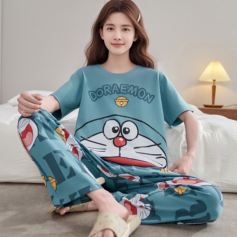 Short-Sleeved Long Pants Pajamas for Women, Summer Pure Cotton, Can Be Worn Outside, Cartoon Large Size, Women's Spring and Autumn 100kg Loungewear Set
