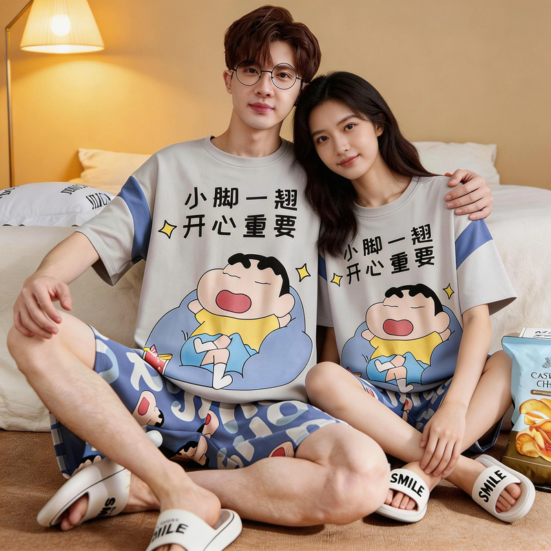 2 Sets of Pure Cotton Couple Pajamas for Summer, Short-Sleeved, Thin, Cartoon, Plus Size, Unisex, 100kg Home Wear Sets