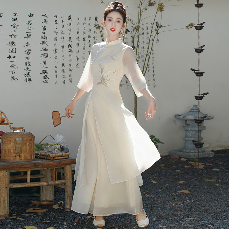 2026 Spring/Summer New Chinese Style National Style Cheongsam Embroidered Dress Retro Zen Tea Clothing Health Center Work Uniform for Women