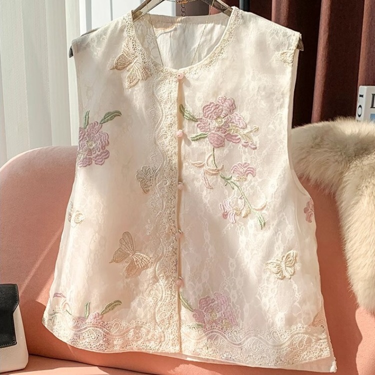 New Chinese-Style Organza Tang Suit Vest Jacket for Women, Summer Vintage Lightweight Sleeveless Layered Vest Top