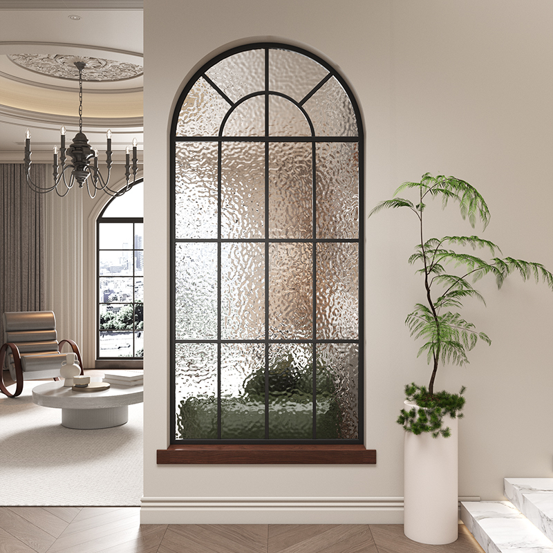 Vintage French-Style Entrance Glass Partition for Living Room, Cream-Colored Tempered Faux Window, Iron Art Retro Arch-Shaped Screen
