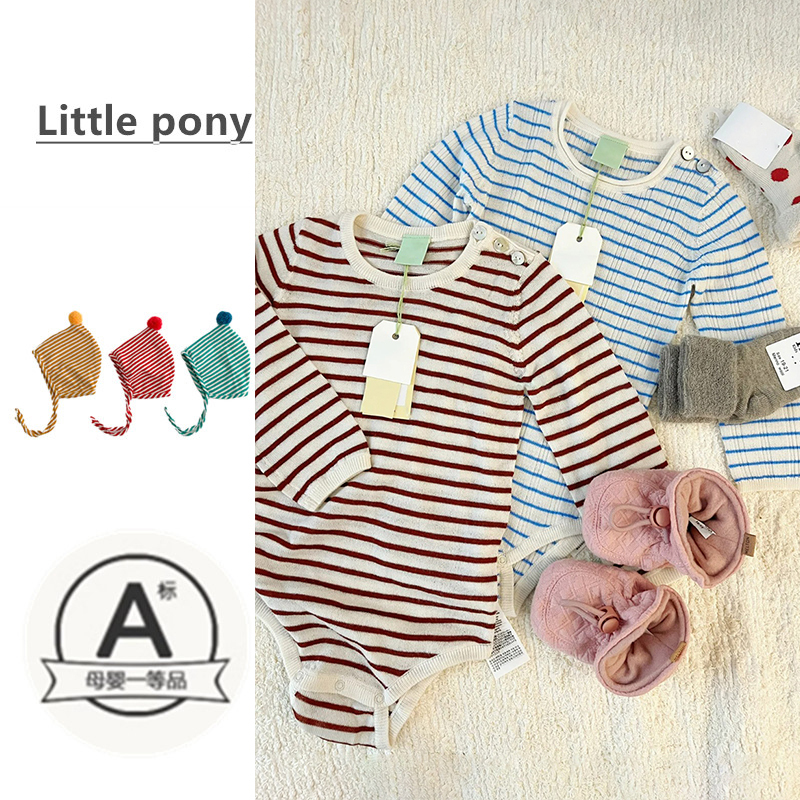 Infant and Toddler Early Spring Knitted Romper, Danish Style Soft Stripesd Sweater for Boys and Girls, Going Out Clothes