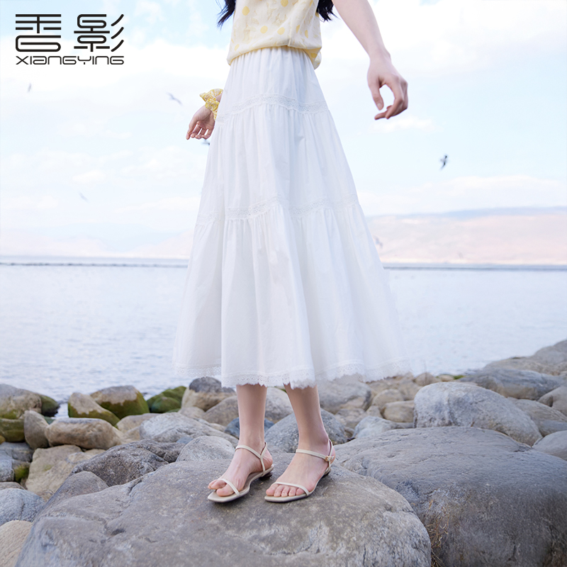 翔英ホワイトロングスカートレディース2025夏新作ケーキスカート純綿レースレース傘スカート小さな白いスカート