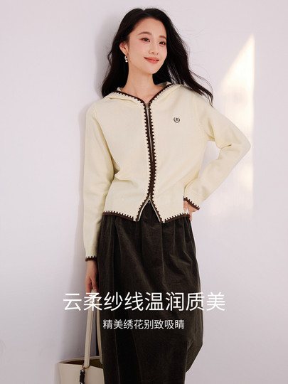 香影双拉链连帽针织开衫女2025冬季新款正肩长袖复古刺绣毛衣外套