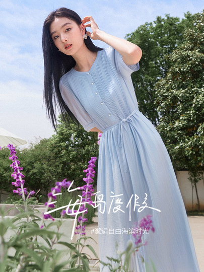 Xiangying blue Lyocell Tencel dress women's summer 2025 new style Eurowind giant good-looking shirt round neck skirt