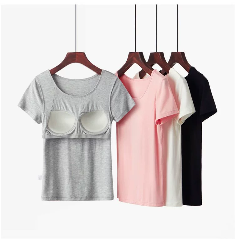 Modal cotton của phụ nữ cup cup cup ngực áo ngực một mảnh miễn phí BRA-T vest đáy áo sơ mi yoga ngắn tay mùa hè áo lót nam tay ngắn