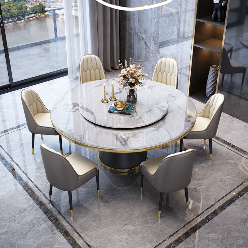 Light luxury marble table and chair combined modern minimal household circular household size 8 10 people with turntable dining table