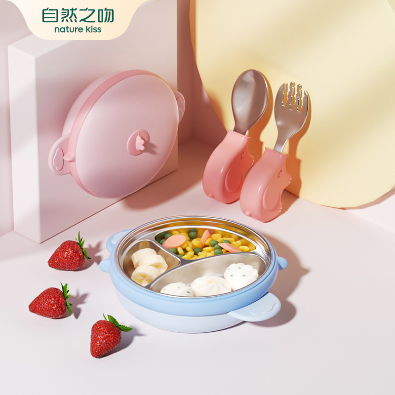 Stainless steel baby plate Baby suction cup type water injection insulation bowl Children's grid plate auxiliary food tableware set to eat