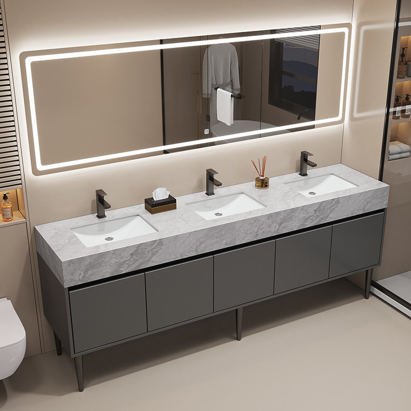 Public Restroom Double Sink Vanity Cabinet Marble Double Basin Floor-Standing Washbasin Bathroom Cabinet Set