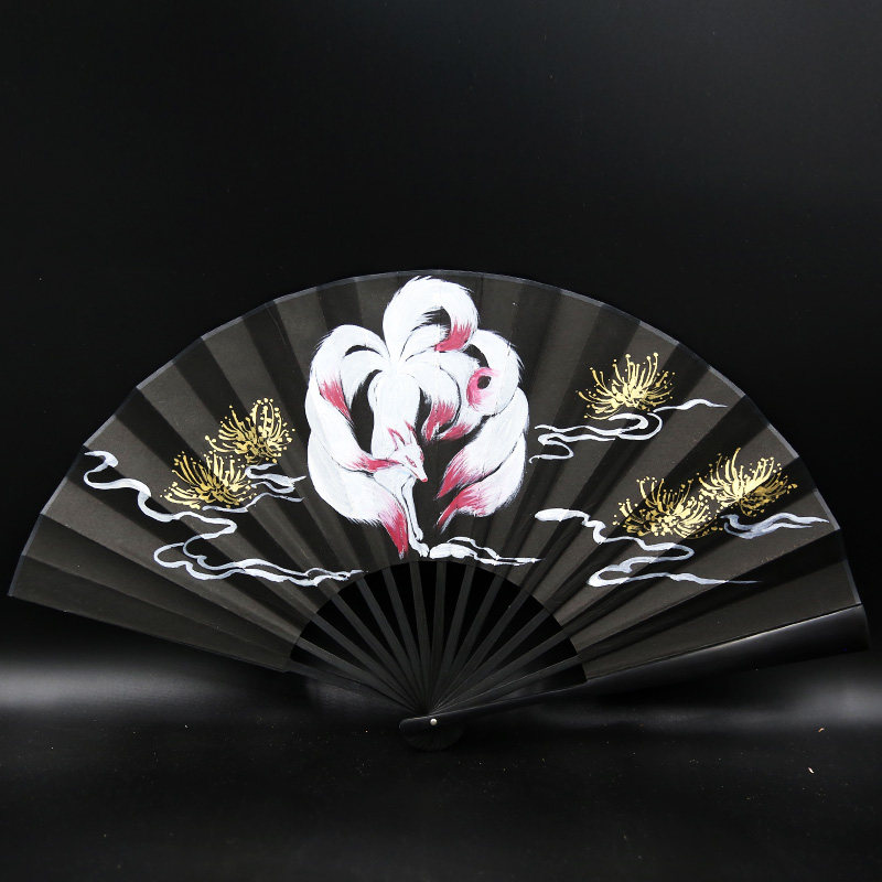 Shanyue new black bronzing summer nine-tailed fox Bana Hanfu fan accessories hand-painted folding fan to map customization