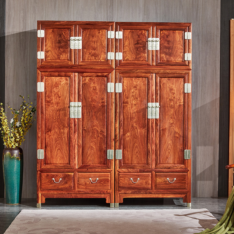 Mahogany wardrobe top box cabinet rosewood four-door plain wardrobe hedgehog red sandalwood Ming and Qing classical solid wood large wardrobe