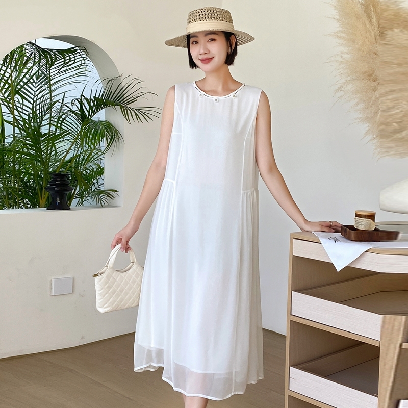 Clearance Sale: Designer Simple Silk Mulberry Silk Dress for Women, White, Elegant, Sleeveless, Loose, Youthful Style, Long Dress Clearance Sale: Designer Simple Silk Mulberry Silk Dress for Women, White, Elegant, Sleeveless, Loose, Youthful Style, Long Dress