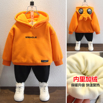 Boy winter hooded sweater 2021 New Autumn Winter children plus velvet thickened foreign gas small and medium children Korean trend