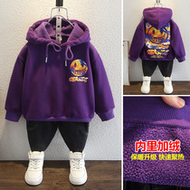 Boy hooded sweater plus velvet thickened autumn and winter clothes 2021 new children Foreign style baby Korean clothes baby tide