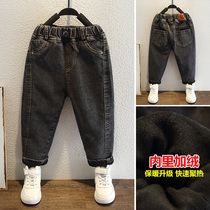Boys jeans autumn winter clothing 2021 new small children Foreign style pants plus velvet thickened Children Baby Korean tide