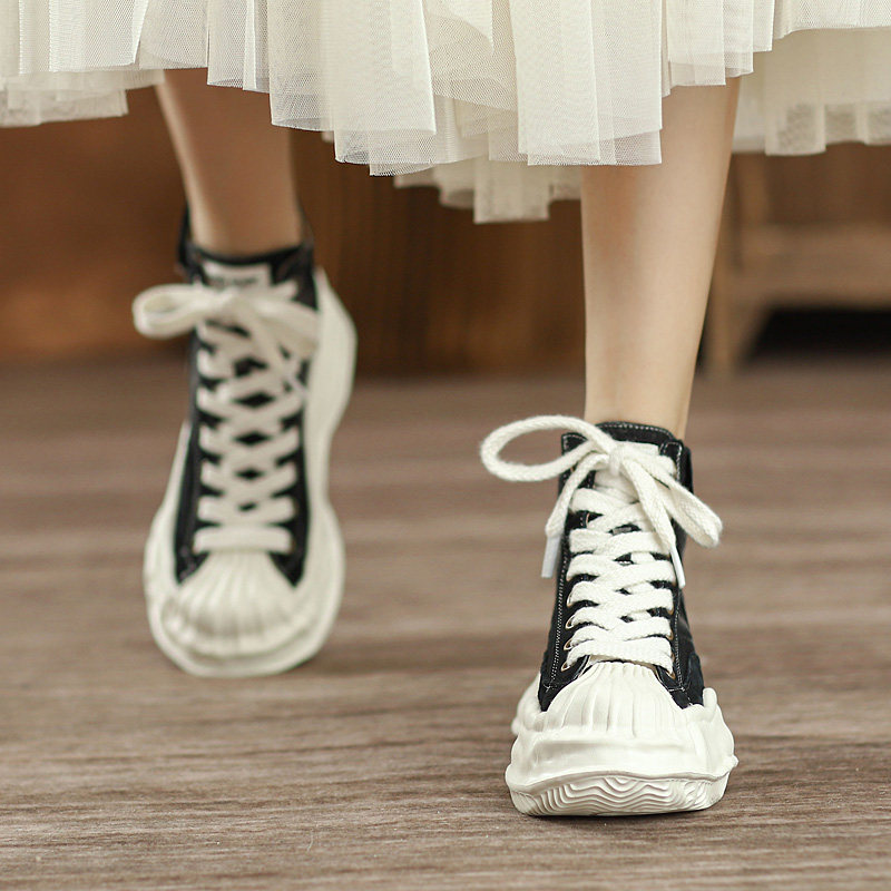 Washed canvas high-top shoes women's thick bottom Hong Kong style heightening small Korean casual shoes shell dissolve shoes