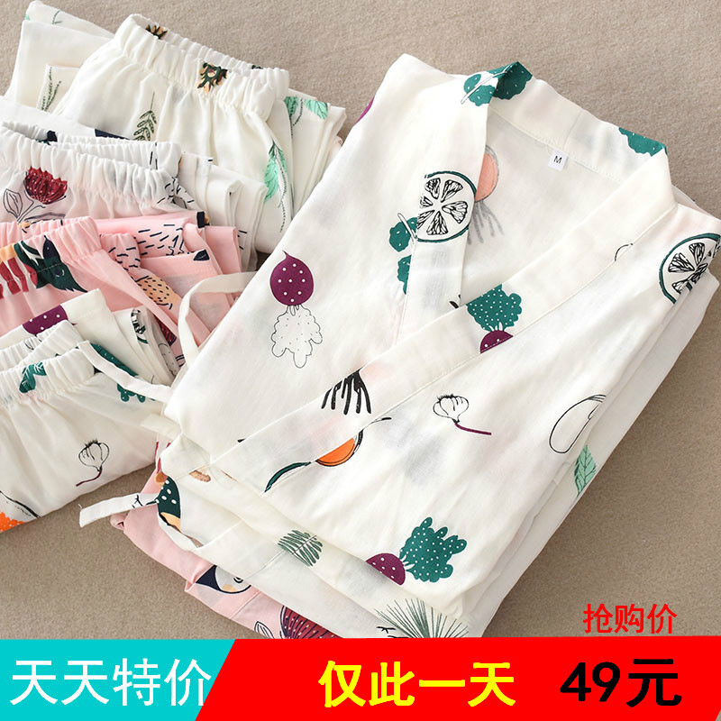 Sun-style pure cotton double layer gauze and female pyjamas spring and summer thin style sweaty sweaty cotton Chinese clothing home suits suit