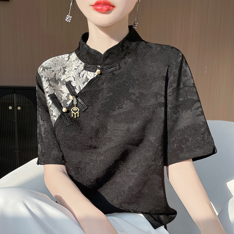 New Chinese Style Short-Sleeved Top for Women with Stand Collar, Button Closure, Elegant, Slimming, Body-Covering, Embroidered Jacquard Satin Tang Suit Half-Sleeve