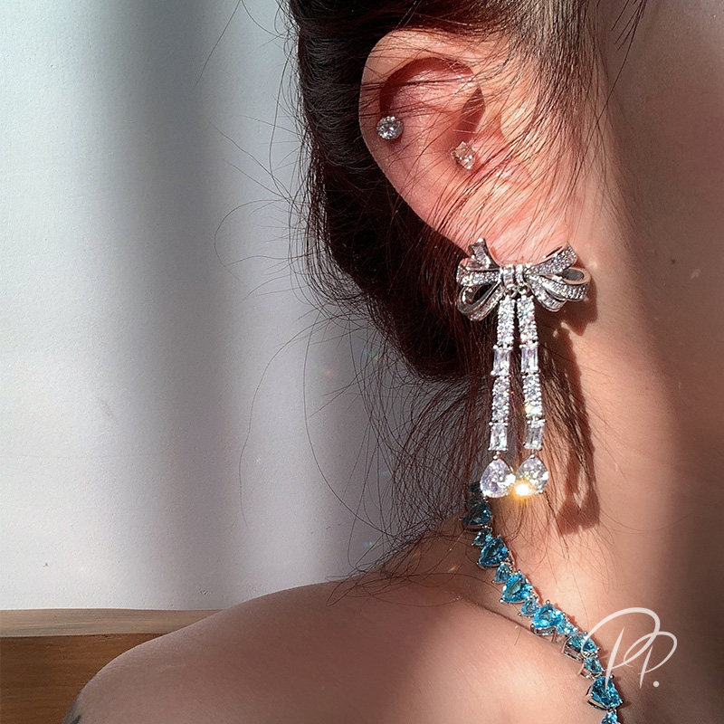 PP jewelry retro Hong Kong style Hepburn bow earrings women's high-end light luxury niche earrings temperament long earrings