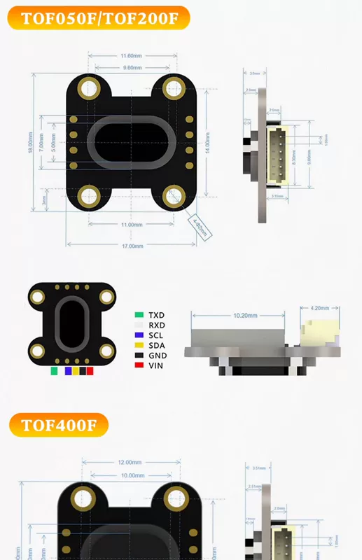 Mô-đun cảm biến phạm vi laser ToF TOF050F 200F 400F cổng nối tiếp/chế độ IIC/MODBUS