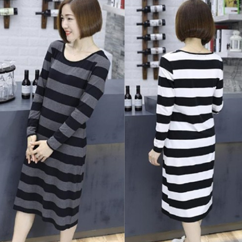 Pure Cotton Autumn New Style Women's Loose-Fitting Plus-Size Long-Sleeve Mid-Length Nightgown, Can Be Worn Outside, Striped Dress, Loungewear