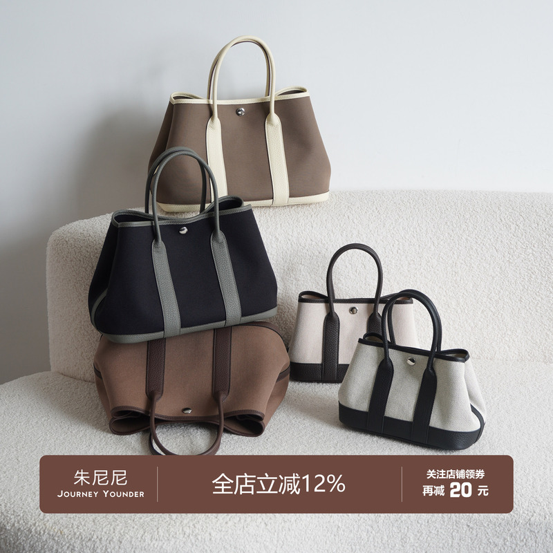 Junini Journeyy Imported Cowhide Leather and Canvas Waxed Thread Hand-Stitched Mini Garden Bag Tote Bag for Women