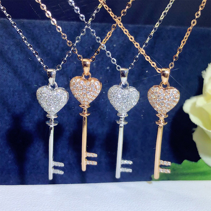 18K Rose gold platinum natural diamond cardiac key pendant necklace female AU 750 full of love