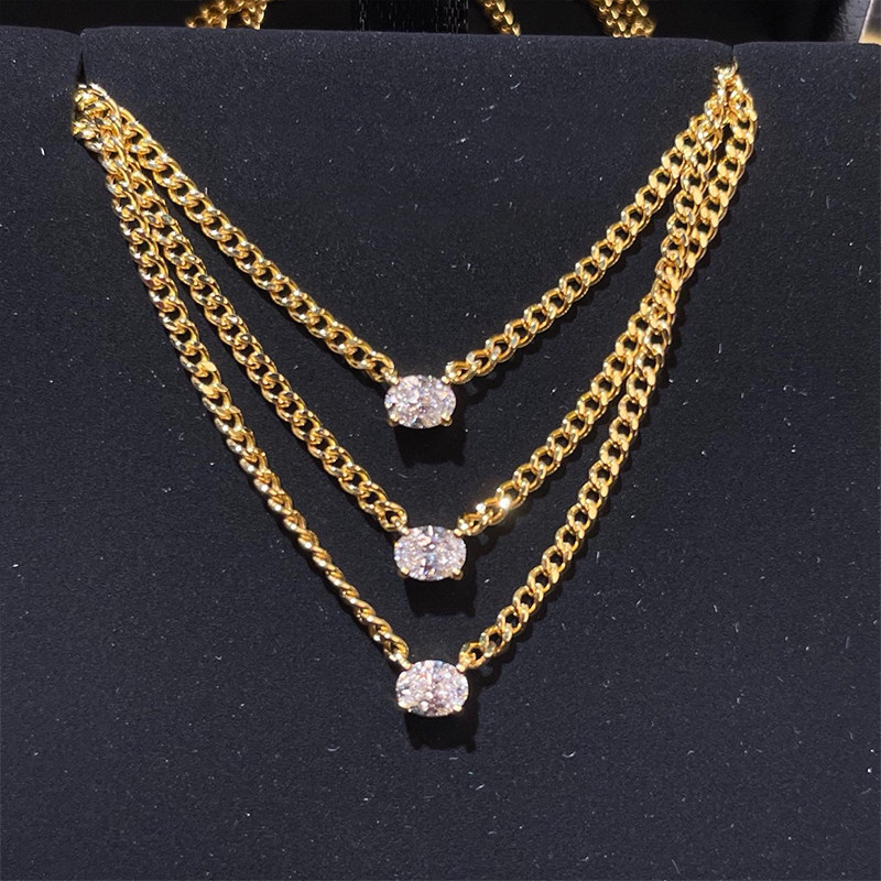 Xiqi Diamond Cuban Chain 18K Gold Egg Shape 20 Points One Diamond Necklace Single Diamond Clavicle Chain Women's Rough Trend ins