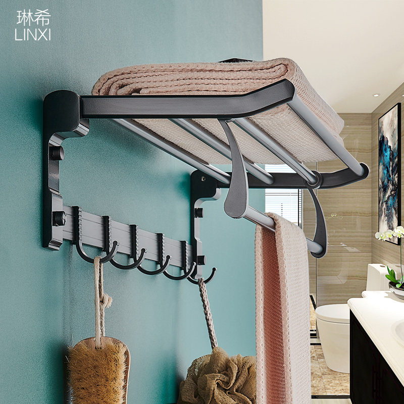 Linxi towel rack free punching space aluminum bath towel rack bathroom shelf black bathroom toilet towel rack wall hanging