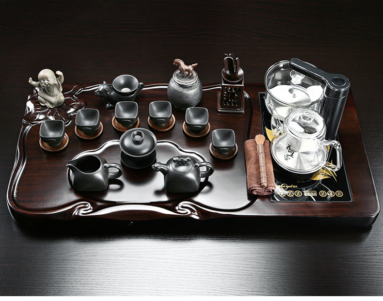 Ceramic tea set suit household contracted a complete set of automatic electric magnetic furnace ebony wood tea tray was purple sand teapot cup