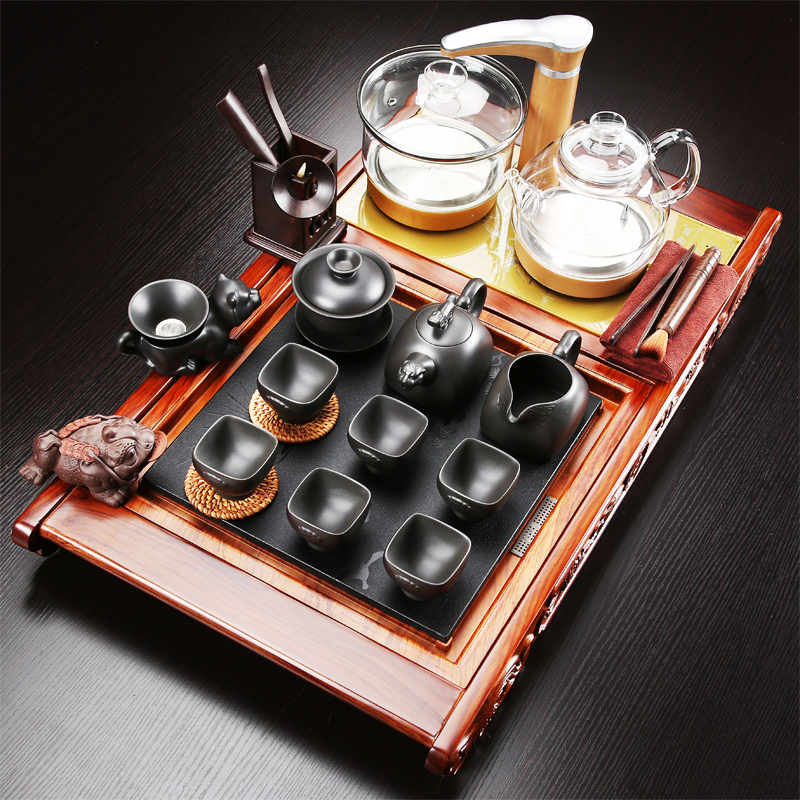 Tea set suits for domestic violet arenaceous kung fu Tea set of a complete set of contracted automatic ebony wood sharply stone Tea tray of Tea table