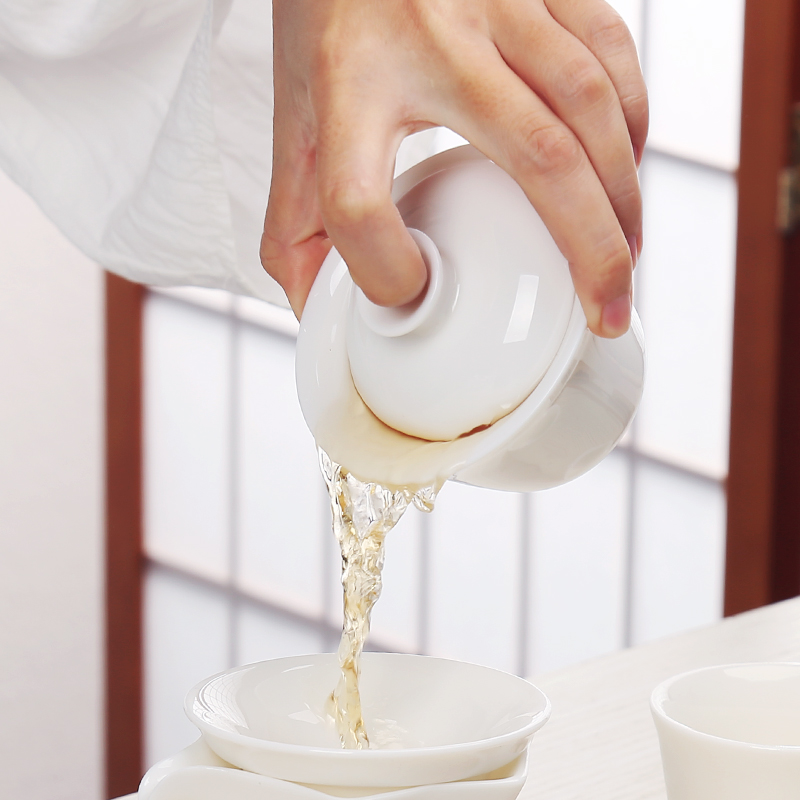 Jade porcelain craft household ceramics large kung fu tea bowl cups. China tureen tea worship white porcelain three cups