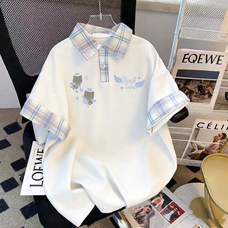 Japanese-Style Soft Girl Plaid Collar Polo Shirt for Women, Summer Cream Yellow Cat Print Loose Age-Reducing Short-Sleeve T-Shirt Top