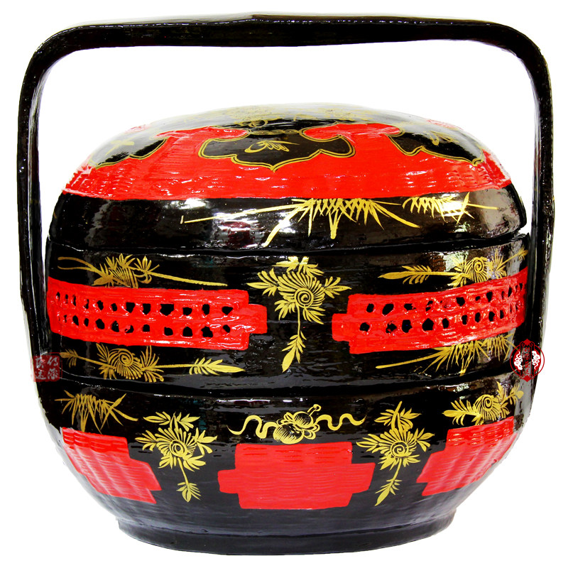 Lacquer art description spot Yongchun lacquer basket hand-painted folk handmade large lacquer bamboo weaving lacquer art wedding burning incense basket bye bye basket