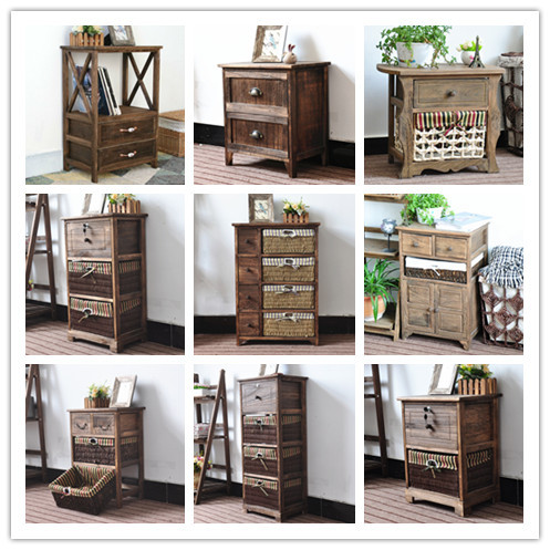 Retro Pastoral Bedside Table, Solid Wood Simple Small Cabinet, 40cm Narrow, Vintage-Style Rattan Woven Storage Cabinet, Multifunctional Drawer Cabinet