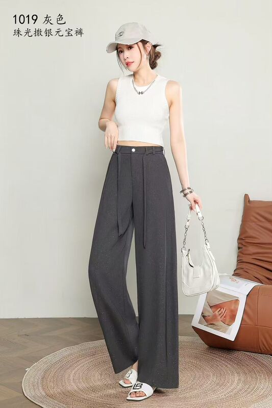 Quanquanjia 2026 Summer Hot-Selling Suit-Style Wide-Leg Pants, Slimming Scimitar Wide-Leg Women's Pants, High-Waisted Pants with Pearlescent Silver Embellishments