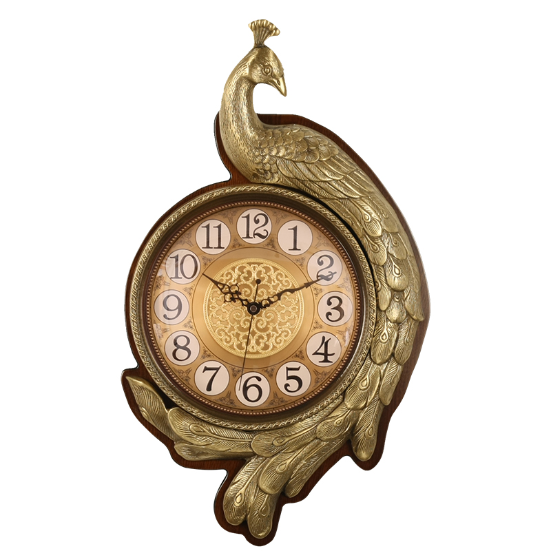 TQJ European-style pure copper wall clock living room wood decorative wall watch creative auspicious peacock mute quartz clock