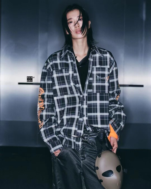 【Slum炸】Panq Space 26Fw Japanese-Made Black and Orange Logo Plaid Shirt Jacket