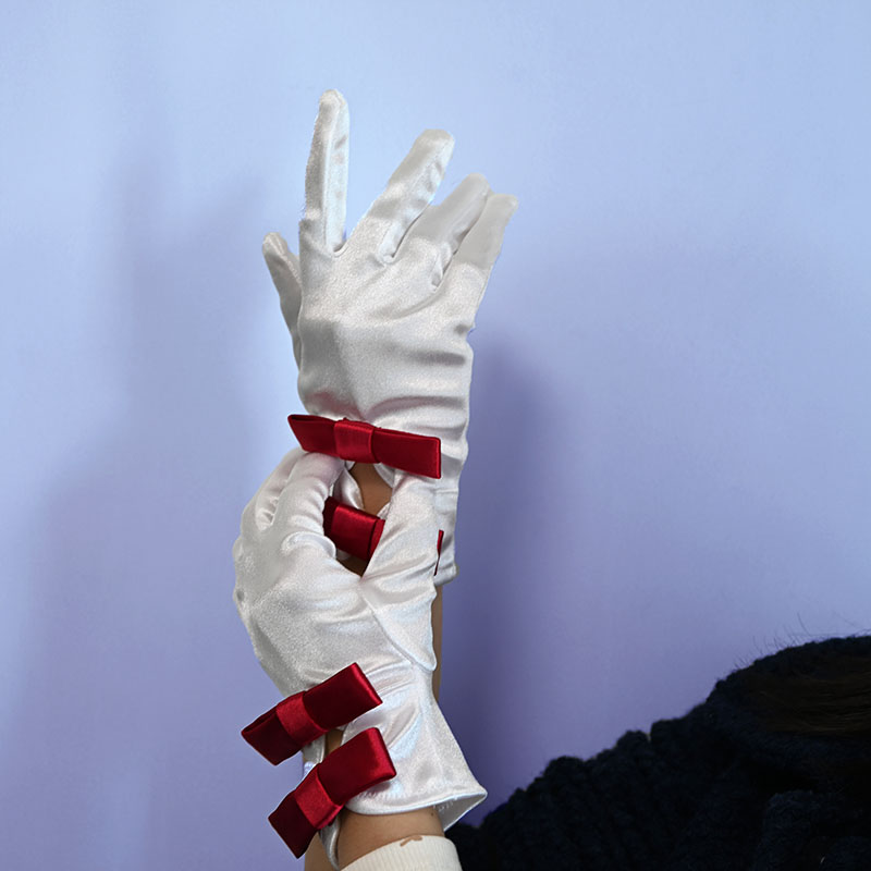 Wine red elastic satin elegant wedding toast evening dress Korean style long and short bow wedding Xiuhe gloves