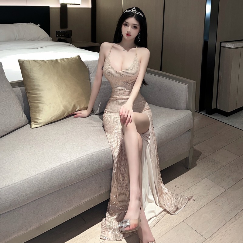 Summer Socialite Party Birthday Patty Sequin Dress Long Dress Nightclub Halter Neck Sexy Backless Slit Dress