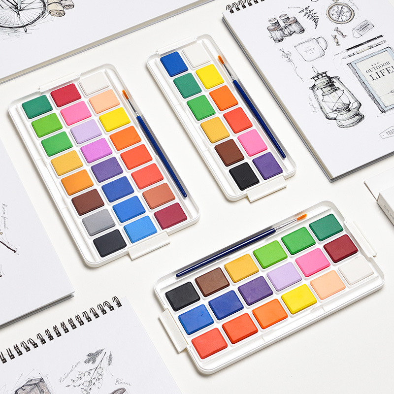 Watercolor Solid Paint Suit Fine Art Professional 12 Color 18 Color 24 Color Portable Beginner Watercolor Tool Hand-painted Illustrator Painting Watercolor Pen Brush Suit