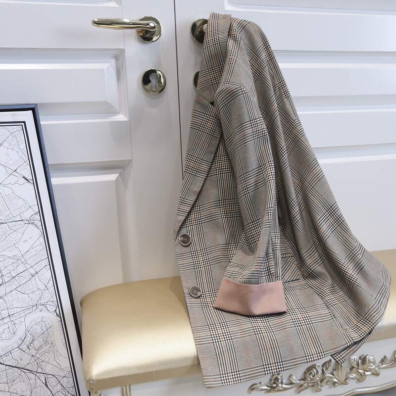 Plaid Blazer Spring and Autumn Jacket for Women, New Korean Style Casual Three-Quarter Sleeve Trendy Versatile Mid-Length Blazer