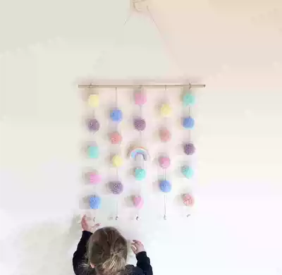 INS Nordic style cross-border explosion children's room girls ' room hanging curtain rainbow macaron color hair ball string hanging decoration