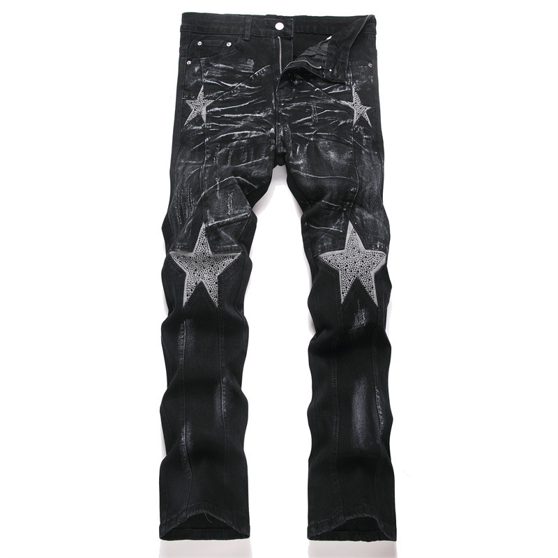 Men Straight Flared Jeans Men's Punk Pentagram Rhinestone Slim Fit Micro-Flared Jeans