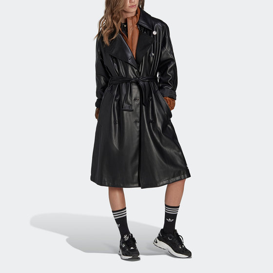 Adidas/阿迪达斯正品三叶草女子长款翻领皮衣防风夹克II6083