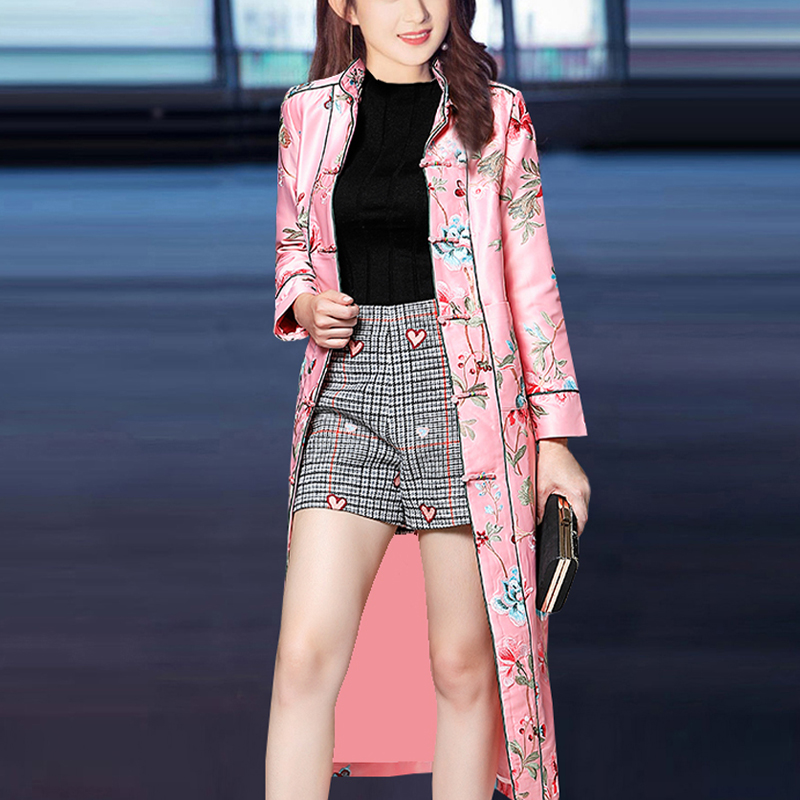 2022 Spring and Autumn Pink Retro Chinese Style Tang Suit Improved Trendy Daily New Style Cheongsam Chinese Wind Coat Women's Long Section